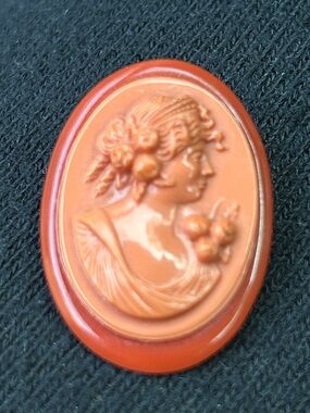 Vintage Carnelian Lucite Coral Cameo Brooch